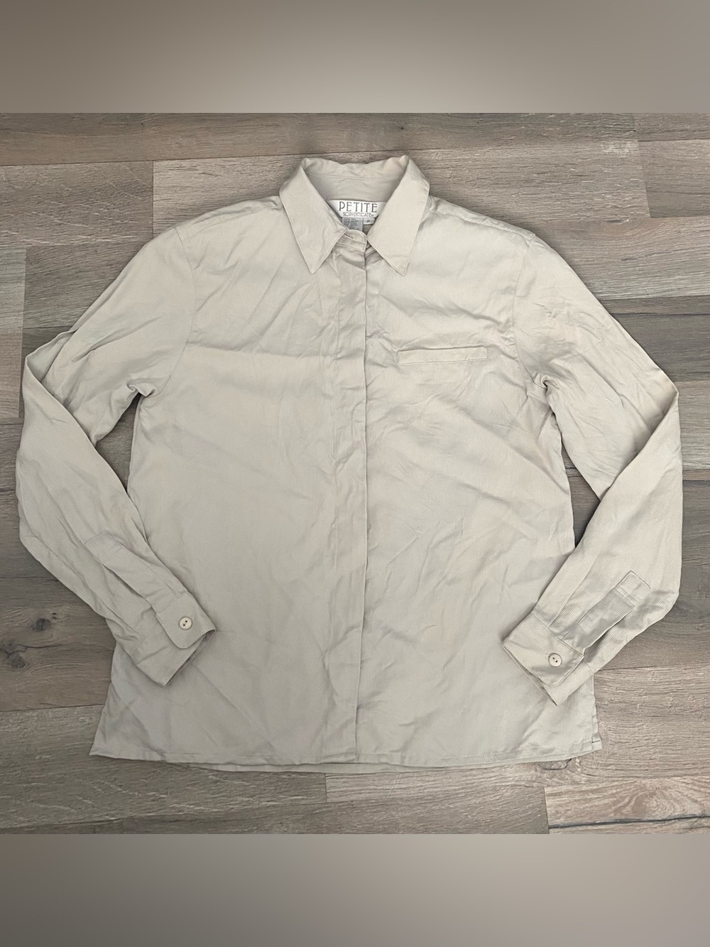 Beige Ribbed 100% Silk Long Sleeve Button Up Shirt Petite Shoulder Pads